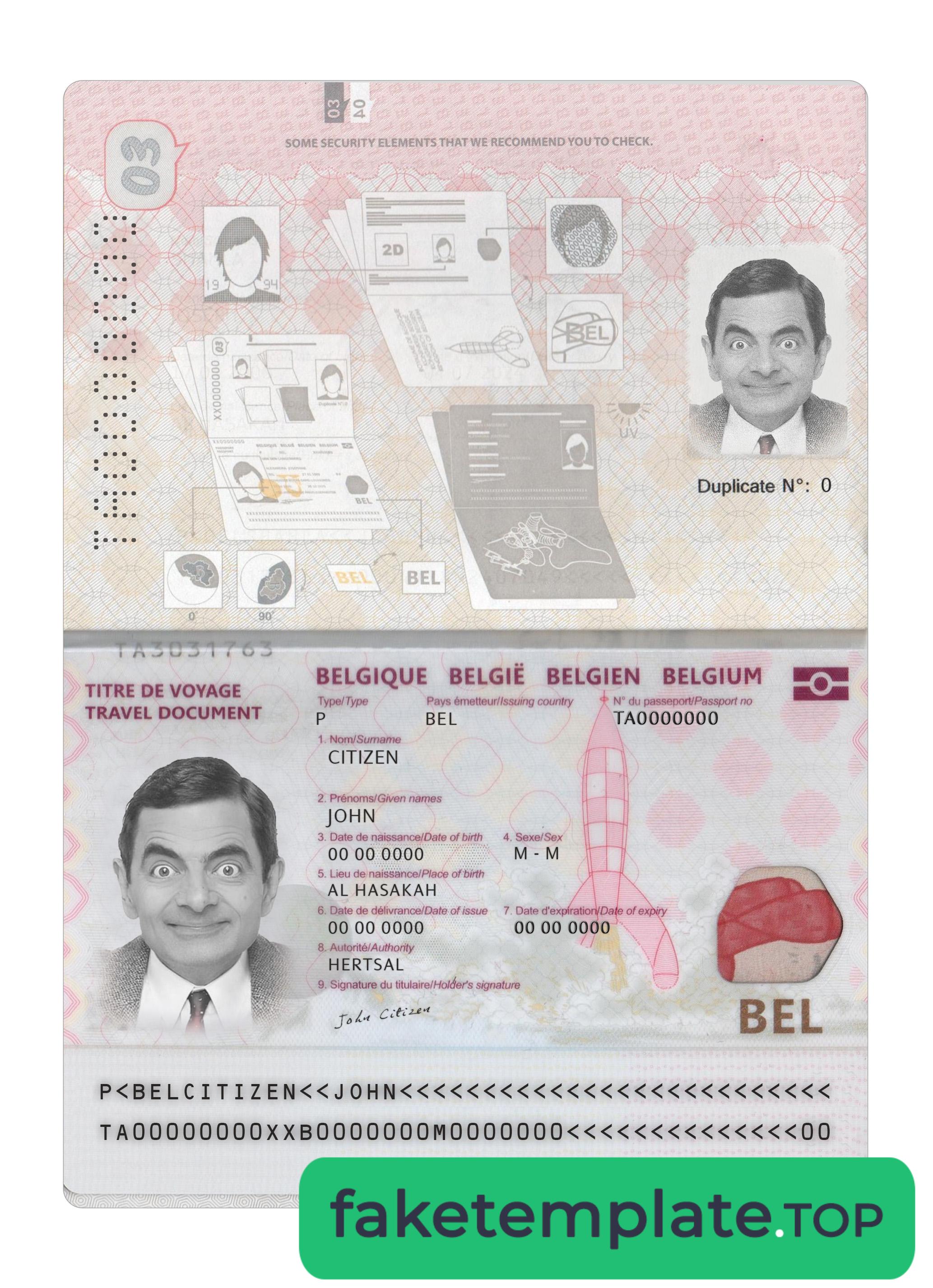 Feature of fake Belgium passport example 2022-present